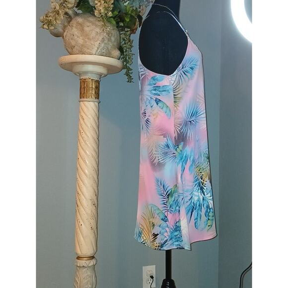 Caramella Dress Womens Medium Pink Teal Palm Leaf Print Sleeveless Halter Neck - Picture 3 of 7